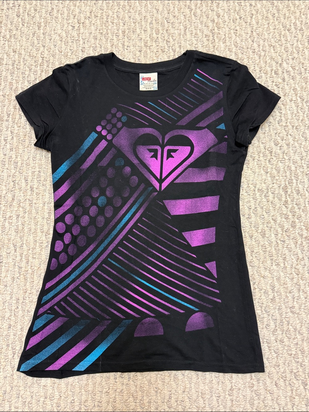 Roxy Black Tee with Purple & Teal Graphic Heart